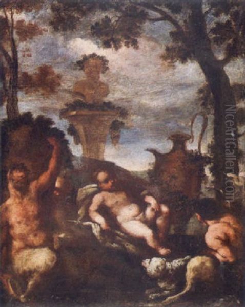 A Putto With Two Satyrs Before A Column With A Statue Set In A Landscape Oil Painting by Giulio Carpioni