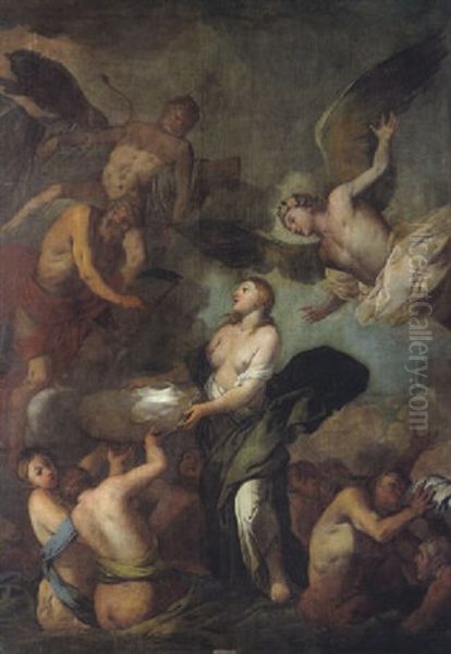 La Titanide Rea Simula La Presentazione E La Consegna A Suo Marito Crono Di Suo Figlio Zeus Neonato Oil Painting by Giulio Carpioni