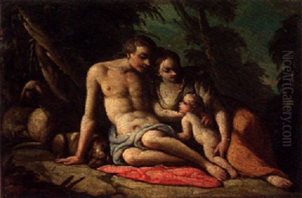 A Shepherd And His Family In A Landscape by Giulio Carpioni