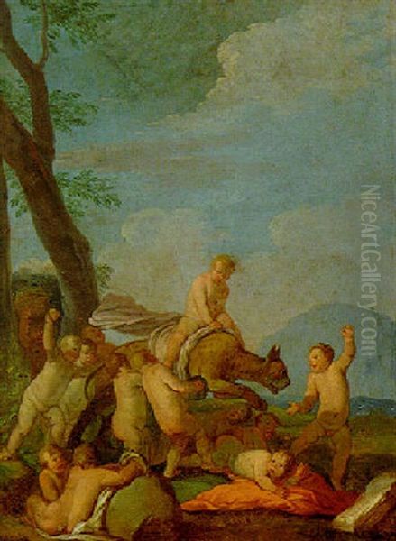 Putti Playing With A Leopard In A Landscape Oil Painting by Giulio Carpioni