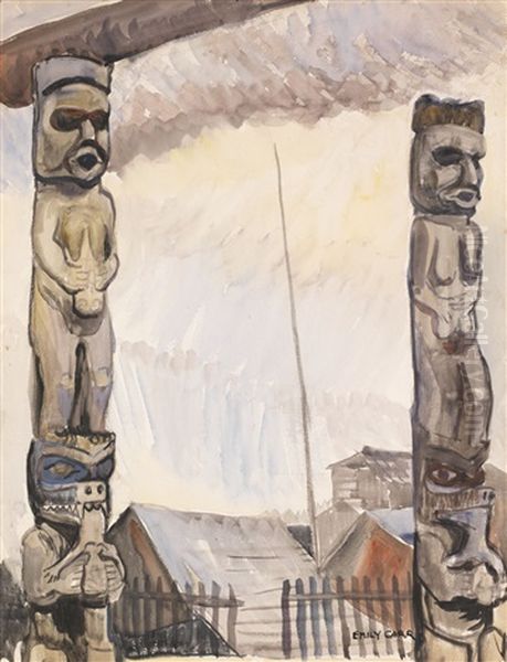 Totems At Indian Village Oil Painting by Emily Carr