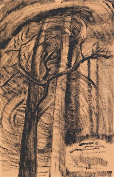 Two Trees In Wood Oil Painting by Emily Carr