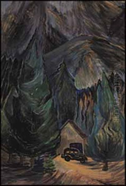 Forest Interior With Car And Cottage Oil Painting by Emily Carr