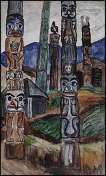 Totem Poles, Kitwancool Village Oil Painting by Emily Carr