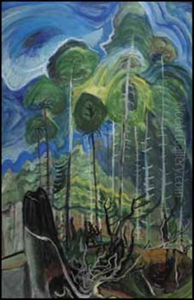 Trees In A Swirling Sky Oil Painting by Emily Carr