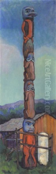 Haida Totem Pole Oil Painting by Emily Carr