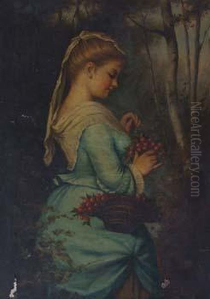 Portrait Of Girl With Cherries Oil Painting by C Ambrosi