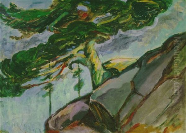 Untitled (tree On Rocky Profile) Oil Painting by Emily Carr