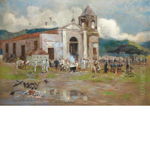 At The Church Of San Luis After The Firing Ceased At The Battle Of El Caney, July 1 Oil Painting by Lyell E. Carr