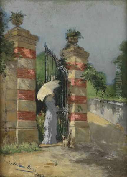 Lady With A Parasol At A Gate Oil Painting by Lyell E. Carr