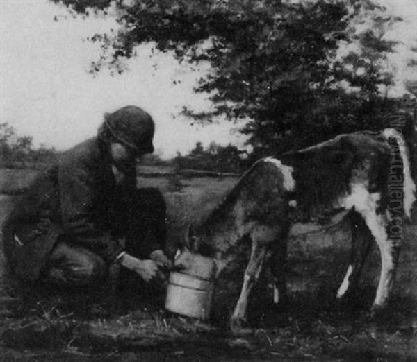 Boy Feeding Calf Oil Painting by Lyell E. Carr