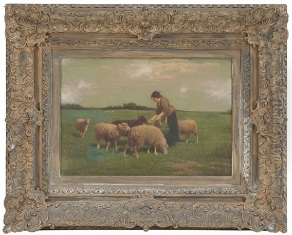 Feeding The Sheep Oil Painting by Samuel S. Carr