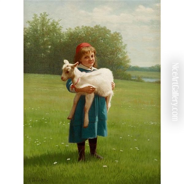 Young Girl Holding A Lamb Oil Painting by Samuel S. Carr