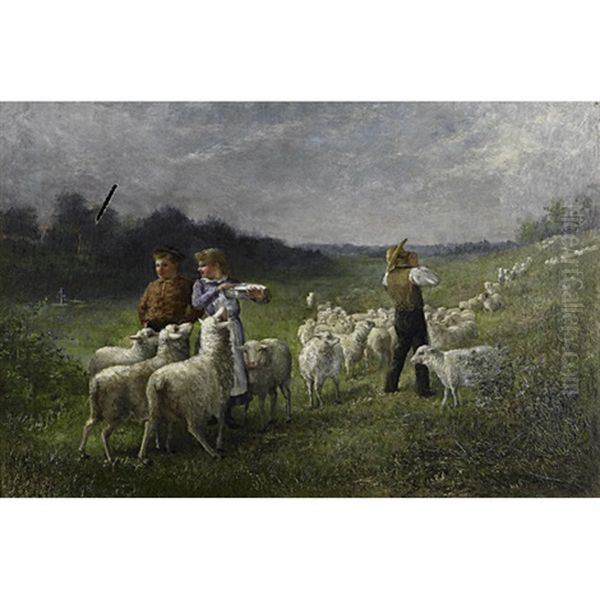 A Family Tending Sheep Oil Painting by Samuel S. Carr