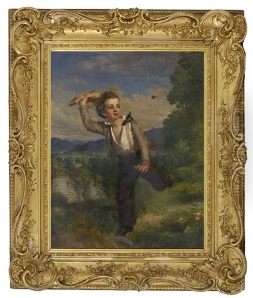 A Young Boy Running While Shooing A Butterfly With His Straw Hat Oil Painting by Samuel S. Carr