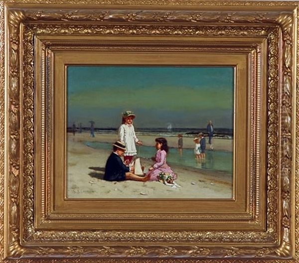 Three Children Playing Along The Beach Oil Painting by Samuel S. Carr