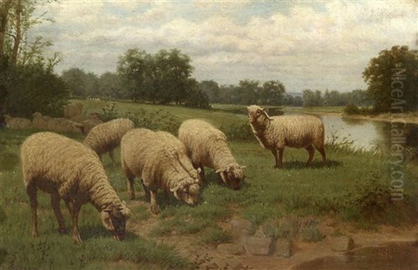 Sheep Grazing Near A Stream Oil Painting by Samuel S. Carr