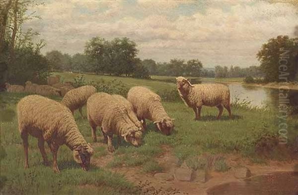 Sheep Grazing Near A Stream Oil Painting by Samuel S. Carr