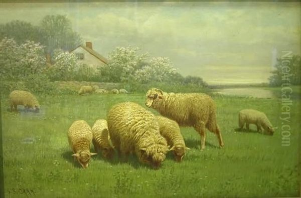 Sheep Grazing In A Meadow With Cottage And Stream In Background Oil Painting by Samuel S. Carr