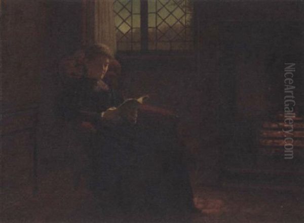 Reading By The Firelight Oil Painting by Samuel S. Carr