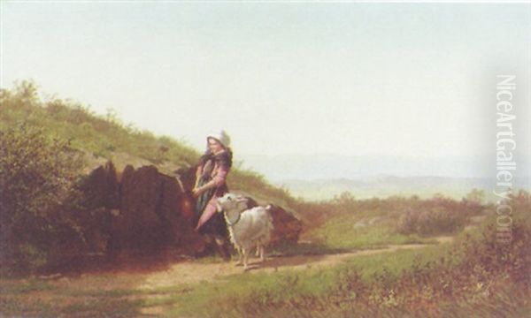 Woman Fetching Water With A Goat Oil Painting by Samuel S. Carr