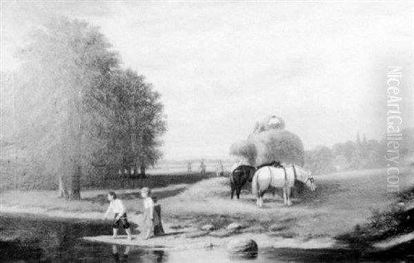 A Landscape With Children Fishing, Hay Wagons And Figures Oil Painting by Samuel S. Carr