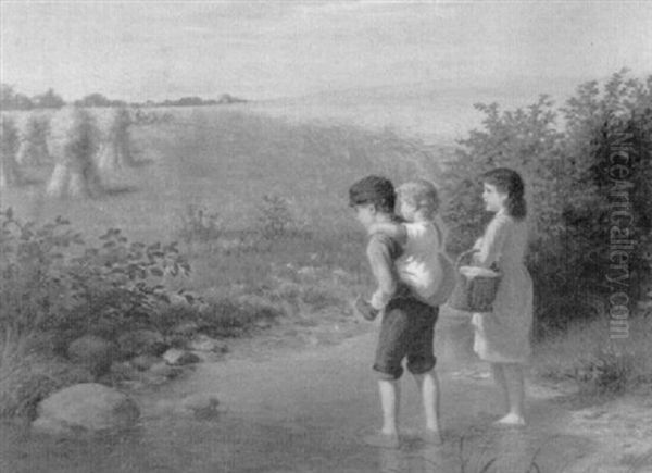 Children Playing By The Haystacks Oil Painting by Samuel S. Carr