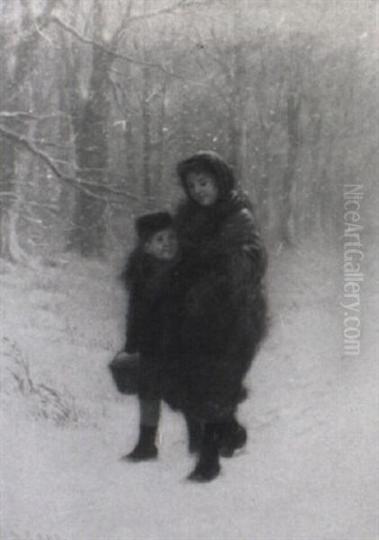 Young Children In A Snowstorm Oil Painting by Samuel S. Carr