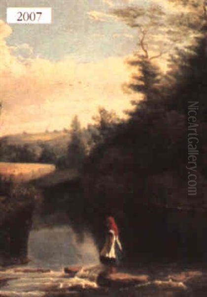 Crossing The River: Girl Standing By The Rapids In A River Oil Painting by Samuel S. Carr