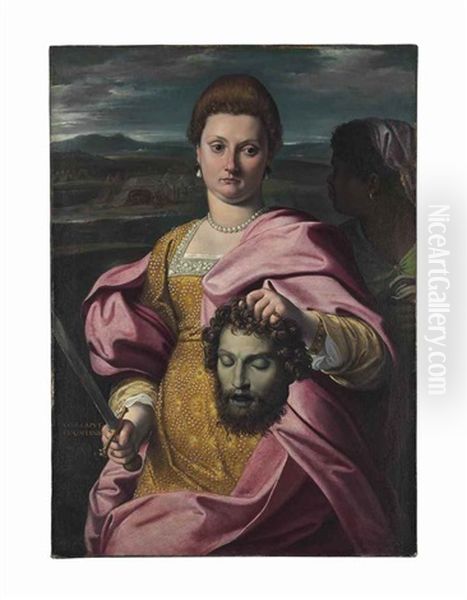 Portrait Of Olimpia Luna As Judith And Melchiorre Zoppio As Holofernes Oil Painting by Agostino Carracci