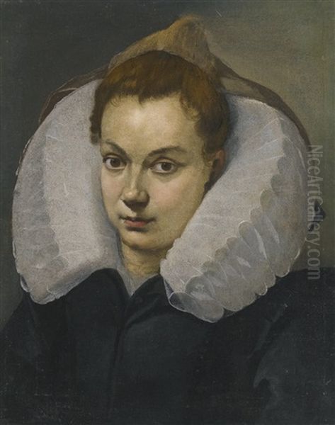 Portrait Of A Woman, Head And Shoulders, In A White Ruff Oil Painting by Agostino Carracci