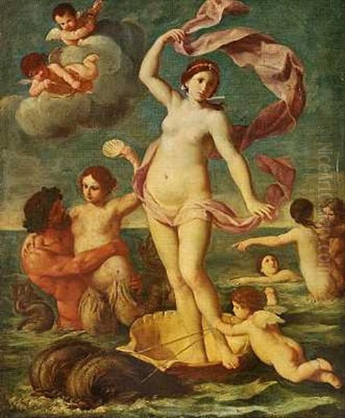 Den Skumfodte Venus Staende Pa En Muslingeskal I Havet, Omgivet Af Engle Og Havnymfer Oil Painting by Agostino Carracci