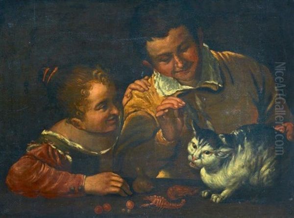 Deux Enfants Jouant Avec Un Chat Oil Painting by Annibale Carracci