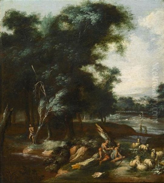 Mediterrane Landschaft Mit Hirtenpaar Im Vordergrund Oil Painting by Annibale Carracci