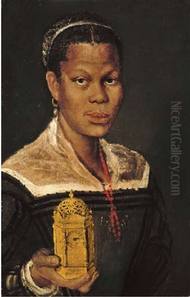 Portrait Of A Black Lady, Bust-length, Wearing A Coral Necklace And Holding An Ormolu Table Clock In Her Right Hand Oil Painting by Annibale Carracci