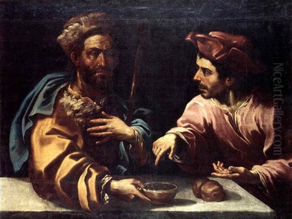 Two Men At A Table Discussing A Bowl Of Food Oil Painting by Annibale Carracci