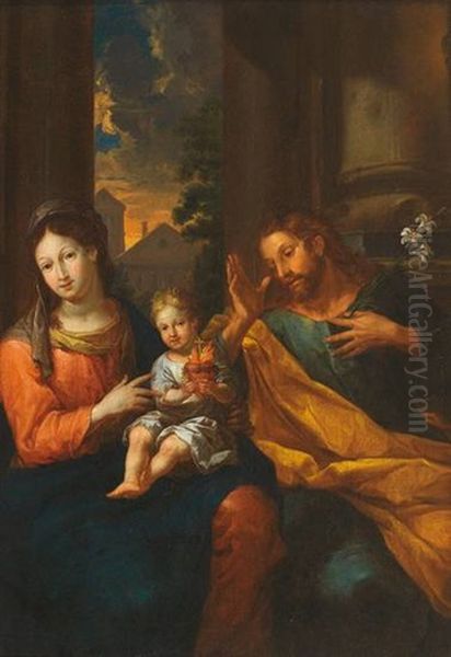 Hl. Familie Vor Saulenhintergrund Mit Durchblick Auf Abendlich Beleuchtete Architektur Oil Painting by Franceso Carracci