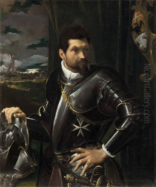 Portrait Of Carlo Alberto Rati Opizzoni In Armour, Three-quarter-length, Wearing The Order Of The Knights Of Malta, The City Of Bologna Beyond Oil Painting by Ludovico Carracci