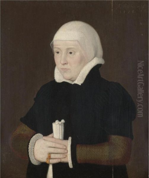 Portrait Of A Lady, Half Length, Wearing A Black Coat With A White Collar And Cuffs Oil Painting by Ambrosius Holbein