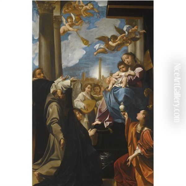 The Madonna And Child Enthroned With Angels, Saint Dominic, Saint Francis, The Magdalene, And A Female Donor: The Bargellini Madonna Oil Painting by Ludovico Carracci