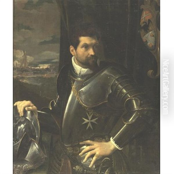 Portrait Of Carlo Alberto Rati Opizzoni In Armour, Three-quarter Length Standing, Wearing The Order Of The Knights Of Malta, A View Of The City Of Bologna Beyond Oil Painting by Ludovico Carracci