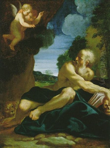 Der Heilige Hieronymus Mit Dem Lowen Und Zwei Engeln Oil Painting by Ludovico Carracci