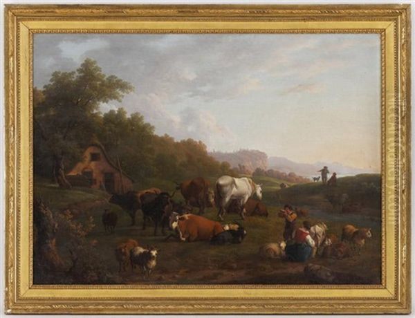 Paysans Avec Leurs Troupeaux Oil Painting by Louis-Samuel Carrard