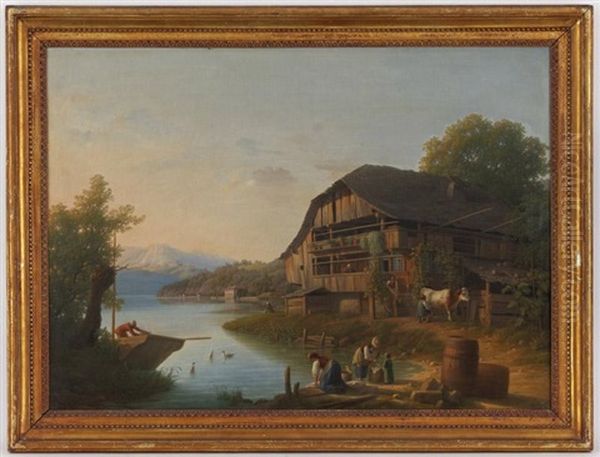 Maison De Paysan Allemand Au Bord Du Lac De Thoune Oil Painting by Louis-Samuel Carrard