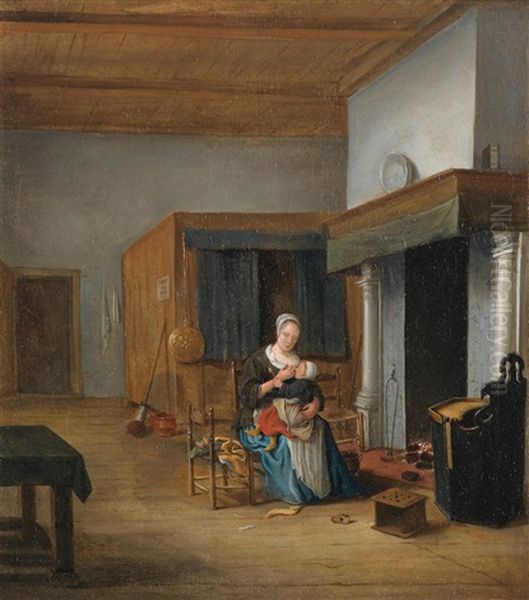 An Interior With A Woman Nursing Her Child Oil Painting by Franciscus Carre