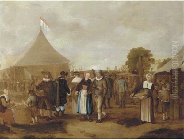 Elegant Company Visiting A Market, A Theatre Performance Beyond Oil Painting by Franciscus Carre