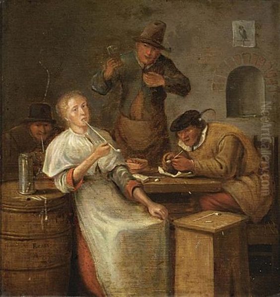 Peasants Drinking And Smoking In An Interior Oil Painting by Franciscus Carre