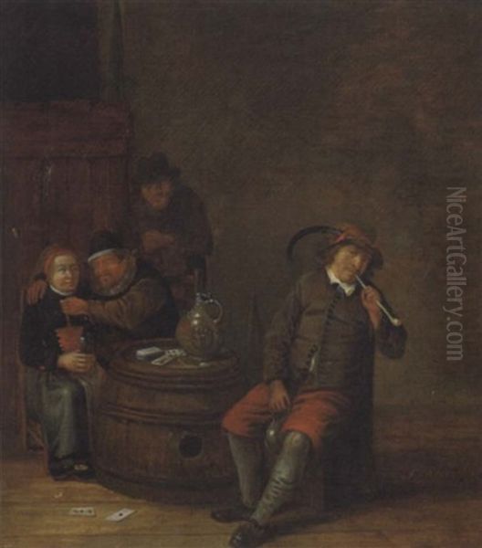 Boors Smoking And Drinking In An Interior Oil Painting by Franciscus Carre