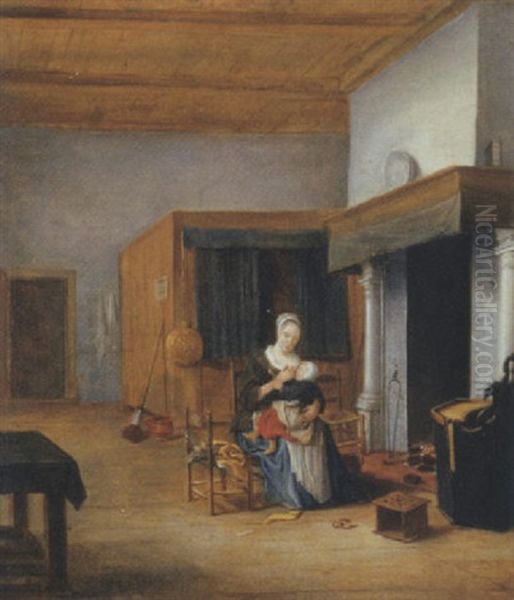 An Interior With A Woman Seated By The Fire Holding A Child Upon Her Lap Oil Painting by Franciscus Carre