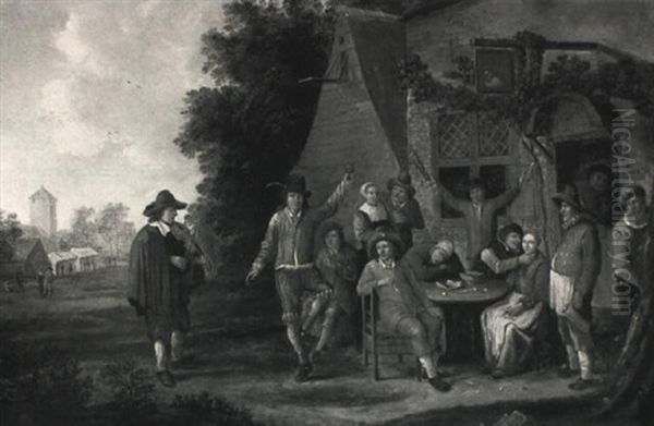 A Fiddler Entertaining Merry Company Outside An Inn Oil Painting by Franciscus Carre